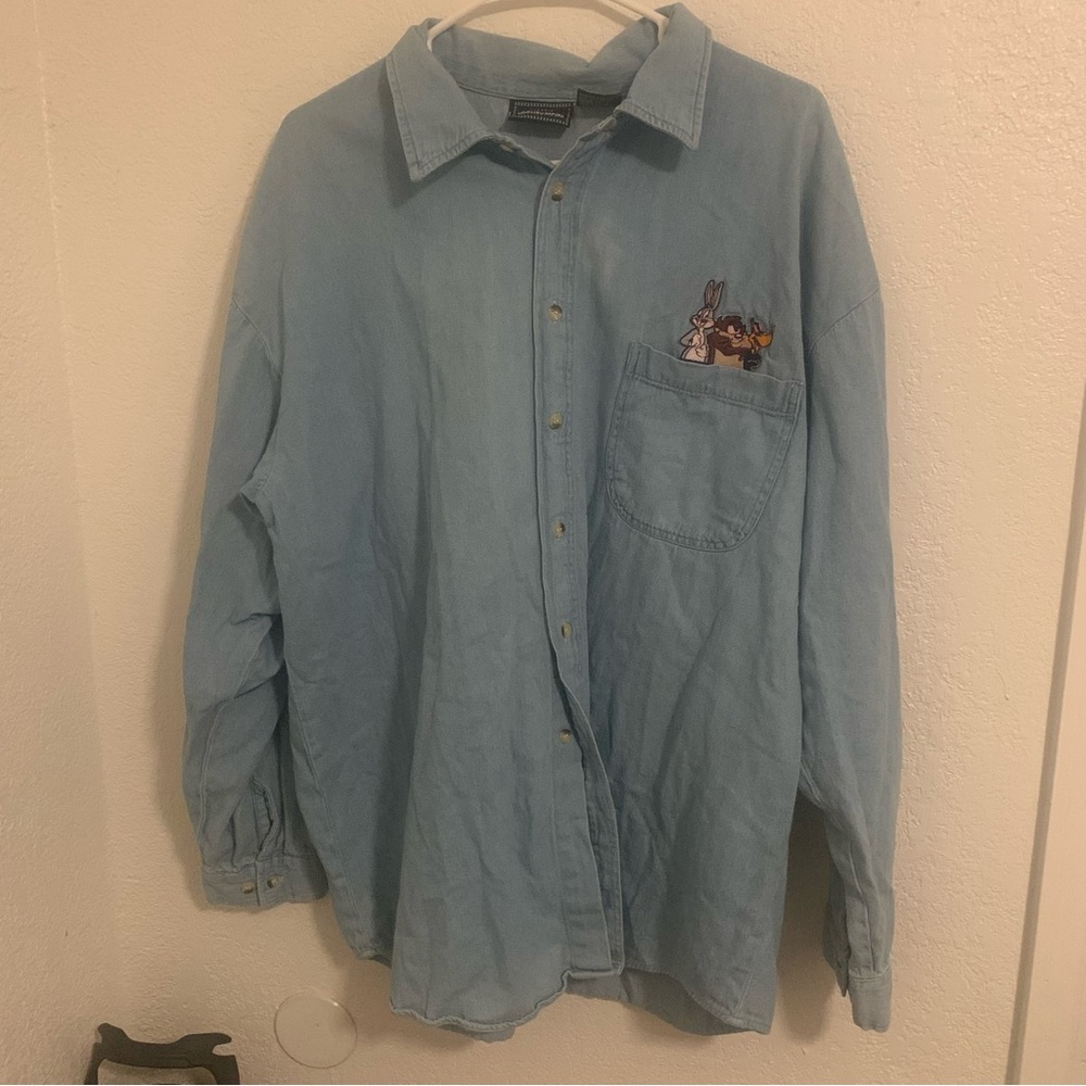 Vintage 90s Looney Tunes Mens Light Denim Button Up Shirt XL Bugs Daffy Taz